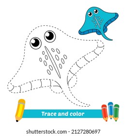 Trace and color for kids, stingray fish vector