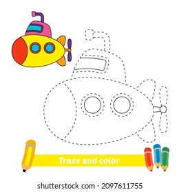 Trace and color for kids, submarine vector