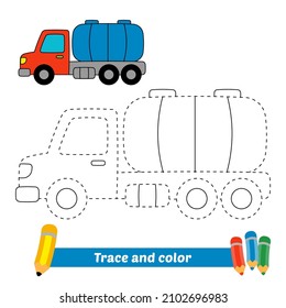 Trace and color for kids, tank truck vector