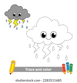 trace and color for kids, thundercloud with lightning vector