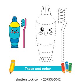 Trace and color for kids, toothbrush and toothpaste vector