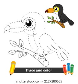 Trace and color for kids, toucan bird vector