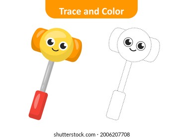 Trace and color for kids, toy hammer vector