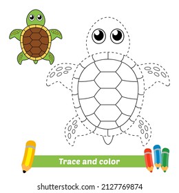 Trace and color for kids, turtle vector