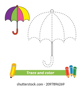 Trace and color for kids, umbrella vector