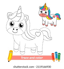 Trace and color for kids, unicorn vector