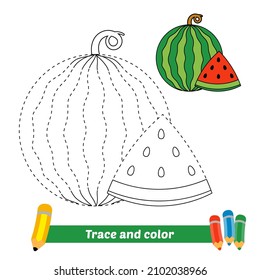 Trace and color for kids, watermelon vector