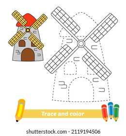 Trace And Color For Kids, Windmill Vector