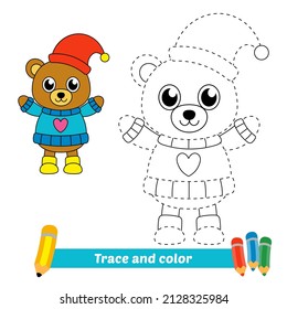 Trace and color for kids, winter bear vector