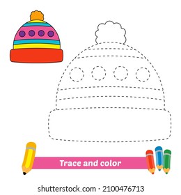 Trace and color for kids, winter hat vector