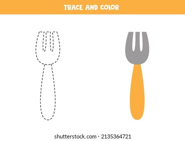 Trace and color kitchen fork. Worksheet for children.