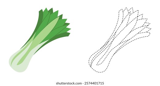 Trace and Color Leek. Vegetables Drawing Exercises For Kids. Worksheet For Preschool. Flat Leek Vector Design
