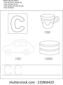 Trace and color: letter C. Worksheet for preschoolers