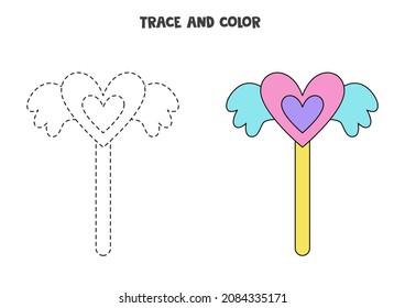 Trace and color magical wand. Educational game for kids. Writing and coloring practice.