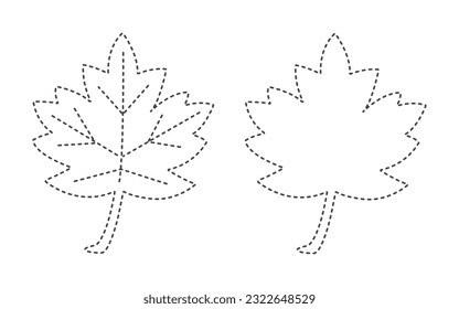 Trace and color maple leaf with dashed line for practice in kindergarten and schools. Antistress for children and adults. Tracing lines with elements. Vector illustration. Coloring page, page trace