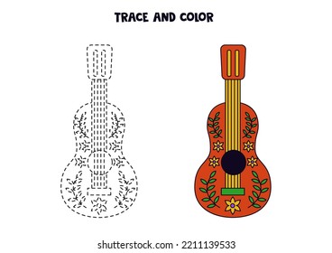 Trace and color Mexican guitar. Worksheet for kids.