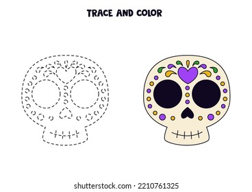 Trace and color Mexican skull. Worksheet for kids.