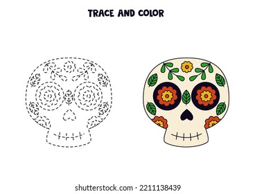 Trace and color Mexican skull. Worksheet for kids.