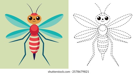 Trace and Color Mosquito Cartoon. Hand Drawing Practice For Preschool. Dashed Insect Animal Coloring. Cute Mosquito Cartoon Character Vector Illustration

