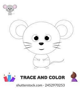 Trazar y colorear el ratón. Práctica de escritura a mano para preescolares. Páginas de color de actividad
