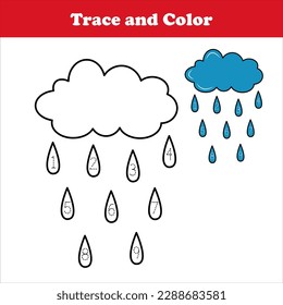 Trace and color Numbers .Cloud with rain drops, Worksheet for children.