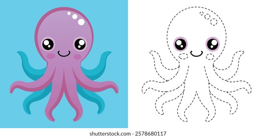 Trace and Color Octopus Cartoon. Hand Drawing Exercises For Preschool. Cute Octopus Cartoon Character Vector Illustration