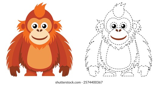 Trace and Color Orangutan. Hand Drawing Exercises For Kids. Worksheet For Preschool. Orangutan Cartoon Vector Design