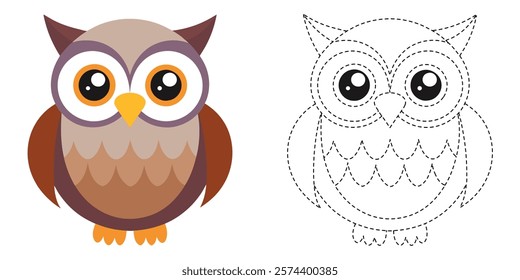 Trace and Color Owl. Hand Drawing Practice For Kids. Worksheet For Preschool. Owl Cartoon Vector Design