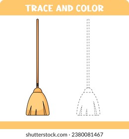 Trace and color page with handwritting practice for toddlers. Educational worksheet for kids. Trace Broom