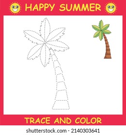 Trace and color palm tree . Worksheet for children.summer activities .