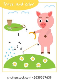 Trace and color with pig. Сonnect the dots by numbers. Hand Trainer. Recipe for children.