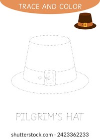 Trace and color pilgrim's hat worksheet for preschool kids. Tracing and coloring practice for children. Fine motor skills and handwriting educational game. Thanksgiving activity