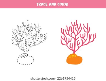Trace and color pink coral. Worksheet for kids.