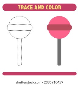 Trace and color pink lollipop. Worksheet for kids