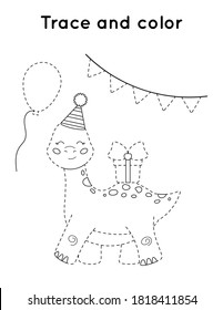 Trace and color printable activity worksheet. Cute cartoon dinosaur with present. Birthday theme for children.