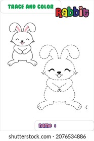 Trace And Color Rabbit. Cute Rabbit . Animal Cartoon Character.