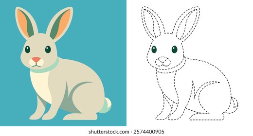 Trace and Color Rabbit. Hand Drawing Exercises For Kids. Worksheet For Preschool. Cute Rabbit Cartoon Vector Design