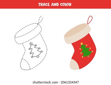 Trace and color red Christmas sock. Educational game for kids. Writing and coloring practice.