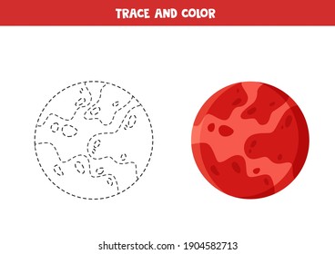 Trace and color red planet Mars. Educational game for kids. Writing and coloring practice.