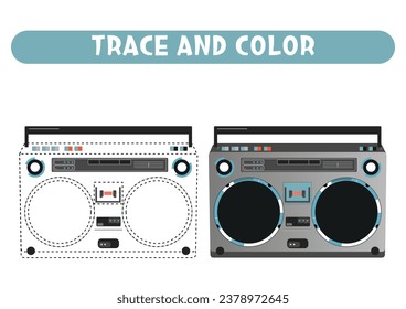 Trace and color retro boombox radio. Worksheet for kids