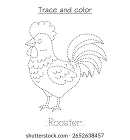 Trace and color rooster worksheet for kids to improve fine motor skills and learn about farm animals.