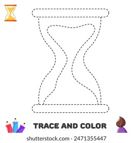 Trace and color sand clock. Educational worksheet for kids with school supply
