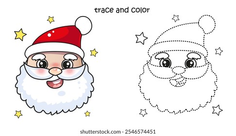 Trace and color Santa Claus. Christmas Santa coloring page, drawing exercise
