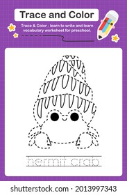 trace and color sealife educational game for kids hermit crab
