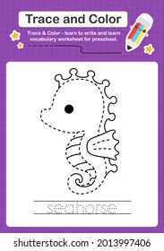 trace and color sealife educational game for kids seahorse