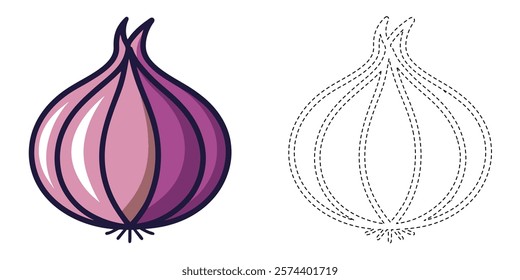 Trace and Color Shallot. Hand Drawing Practice For Kids. Worksheet For Preschool. Flat Shallot Vector Design
