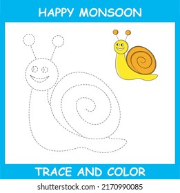 Trace and color Snail. Worksheet for children .Monsoon activities .Color the Rain Snail , clipart