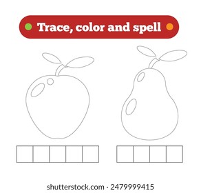 Trace Color and Spell the Fruits Game for Children. Educational materials for a child vector