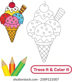 Trace and color this beautiful ice cream vector. A fun and creative activity for kids and adults who love dessert-inspired art and enjoy coloring.