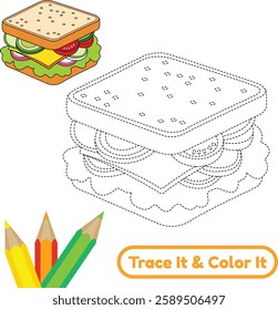 Trace and color this beautiful sandwich vector! A fun and creative food illustration for kids and adults. Perfect for digital art and coloring lovers. #sandwich #vector #traceandcolor